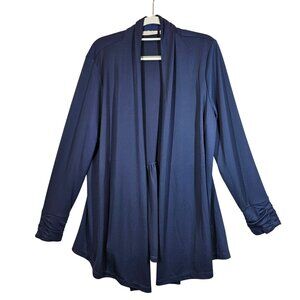 Susan Graver Premier Navy  Womens L Open Cardigan Ruched Sleeves liquid silk